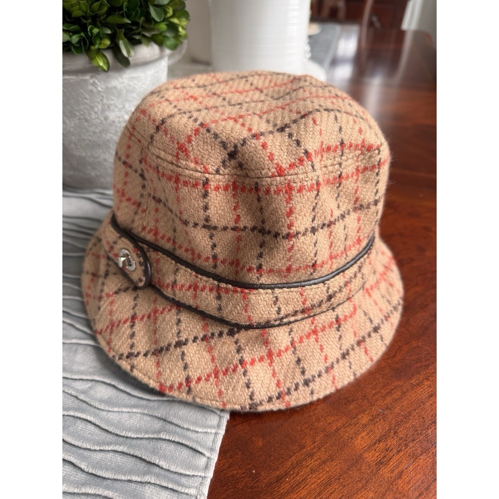 VTG. Coach Hat Tan Wool Brown Orange Plaid Leather Band Bucket Equestrian M/L - Picture 9 of 9